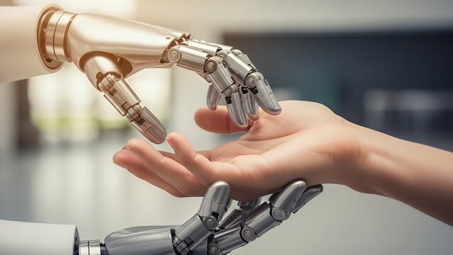 Human hand gently touching robotic hands, symbolizing artificial intelligence, human-robot connection, and future technology collaboration. - Powered by Adobe