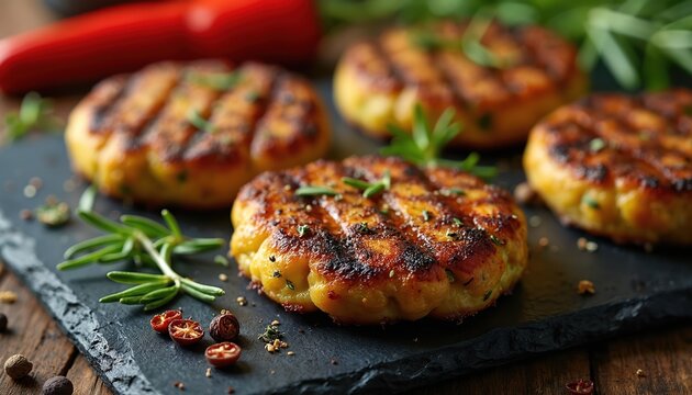Grilled plant based cutlets sit on dark slate board. Veggie patties seasoned with fresh rosemary, thyme, spices. Meat alternatives offer healthy, delicious, eco friendly vegan meal option. Food ready