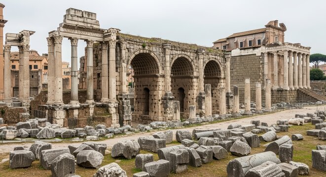 Ancient ruins of roman forum with arches and fallen columns