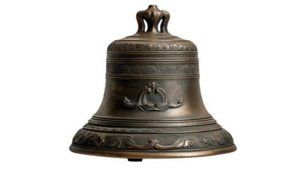 An old bronze metal church bell isolated on a white background, shown in a transparent png style with classic aged rustic detailing.