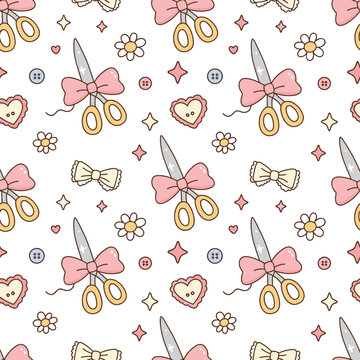 Kawaii Sewing Scissors and Spools Seamless Pattern Vector SVG - Cute Craft, Pastel Buttons, Lace Bows, Daisey Scatter