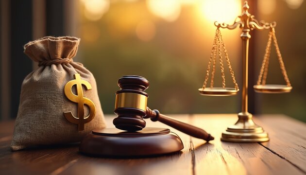 Money bag with dollar sign rests near judge gavel and gold scales of justice. Symbolizes financial power in law legal system and court cases about cash.