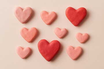 3D hearts made of red and pink plasticine on white background