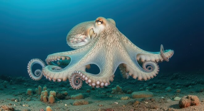 Graceful octopus gliding over seafloor in serene underwater scene