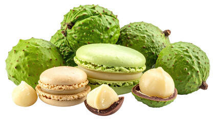 Close-up composition showcasing a variety of colorful sweets and nuts against a transparent background. Includes macarons, and various fruits
