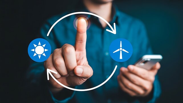 Person touching a renewable energy icon switching from solar to wind power concept for sustainable technology and green energy solutions