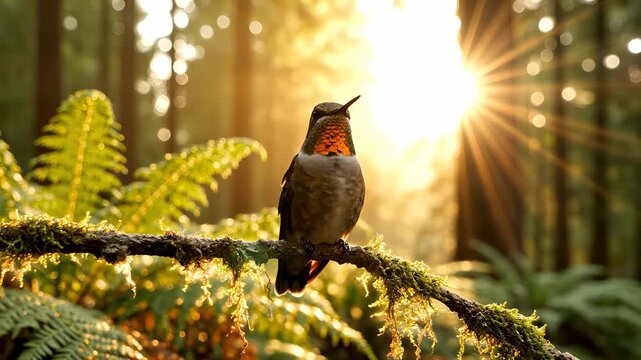 A hummingbird perches gracefully on a moss-covered branch while sunlight filters through the lush ferns. The vibrant hummingbird showcases bright feathers against the glowing backd