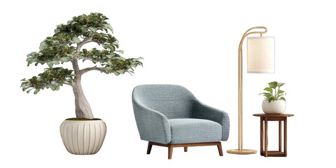 Fototapeta premium Modern room setting with bonsai, armchair, and floor lamp