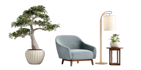Modern room setting with bonsai, armchair, and floor lamp