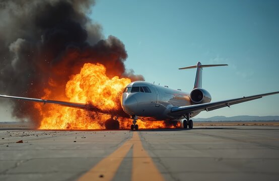 Passenger plane on fire after an accident on runway. Large flames and smoke erupt from the burning aircraft. Air disaster crash concept. Plane on fire near airport - Powered by Adobe