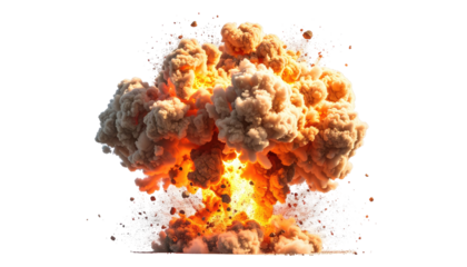A vibrant image presents a massive, fiery explosion. The explosion features billowing clouds of smoke and a bright core against a black background