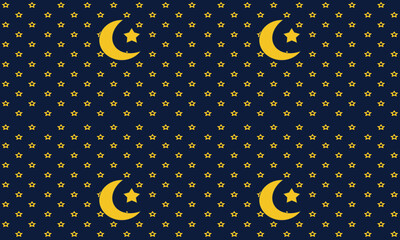 Midnight blue seamless Ramadan background with crescent and stars. Contains crescent moons, sparkle accents, stars, and tiny dots in a clean doodle style. Ideal for branding assets and social media