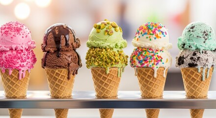 Colorful assorted ice cream cones with various toppings on display