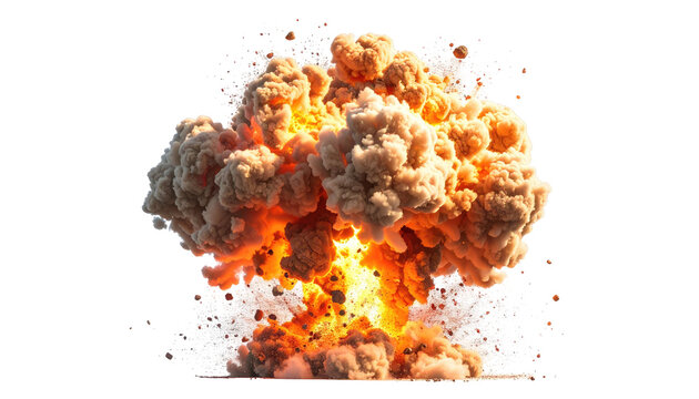 A vibrant image presents a massive, fiery explosion. The explosion features billowing clouds of smoke and a bright core against a black background