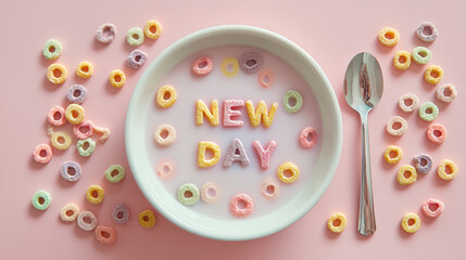 New Day breakfast concept with cereal letters on pink flat lay