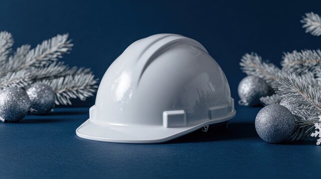 A white safety hard hat surrounded by silver Christmas ornaments and frosted branches on a dark blue festive background.