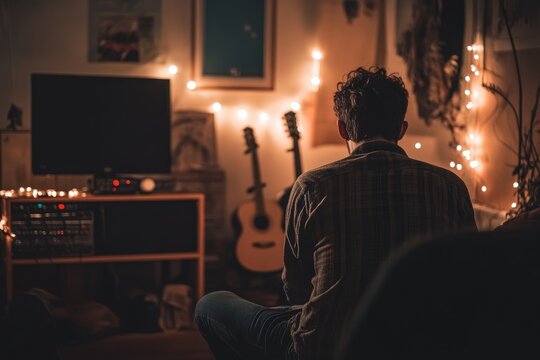 Young caucasian male relaxing in cozy living room with guitar and ambient lighting - Powered by Adobe