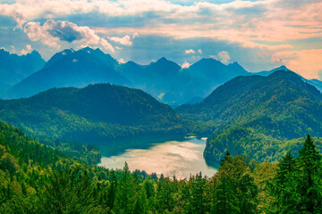 Picturesque aerial view on Alpsee Lake and Allgau Alps, Bavaria, Germany at sunny summer day