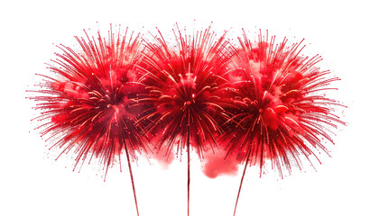 Three red fireworks explode against a black background, showcasing bright bursts of color and light in an artistic display