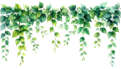 Watercolor illustration of cascading green leaves, depicting a vine or foliage against a black background