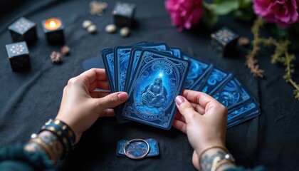 Hands hold blue tarot cards on dark table with candles and flowers. Fortune teller reads destiny, seeking spiritual guidance, predicting future answers.
