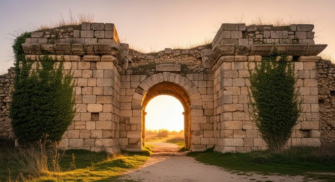 Ancient stone archway with ivy at sunrise in historic ruins - Powered by Adobe