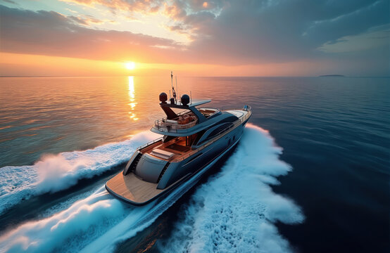 Luxury motorboat sails on calm ocean water at sunset. Yacht leaves white foam trail on blue sea surface. Aerial view of modern speedboat on water with orange sky and clouds.