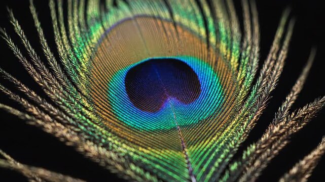 A detailed macro view of a vibrant peacock feather showcasing its iridescent eye and intricate barbules
