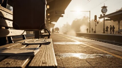 Brown vintage suitcase and newspaper on a wooden bench at a train station platform during warm golden hour for a classic travel concept and journey departure - Powered by Adobe