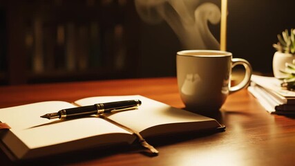 Classic fountain pen lying on an open journal next to a steaming coffee cup on a wooden desk in warm light for a deep contemplation concept