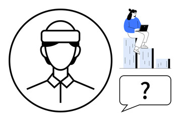 Simplified avatar of a person, worker using laptop seated atop rising bar chart, and speech bubble with a question mark. Ideal for analytics, progress, learning, decision-making, innovation