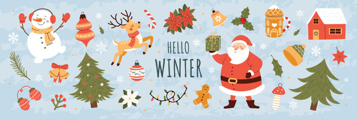 Festive winter banner with Santa, snowman, reindeer, Christmas trees, ornaments, gifts, holly and seasonal elements on a soft blue background. Cute holiday illustration.