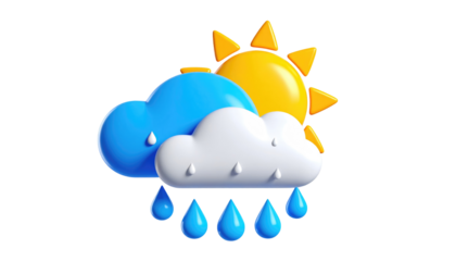 A vibrant, 3D weather forecast icon depicts a stylized sun emerging behind rainy clouds. The blue and white shapes represent rain, sun, and clouds