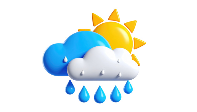 A vibrant, 3D weather forecast icon depicts a stylized sun emerging behind rainy clouds. The blue and white shapes represent rain, sun, and clouds