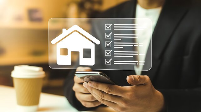Businessman interacting with a transparent digital interface displaying a house icon and a checklist on a smartphone, symbolizing real estate management or home buying process