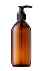 Amber-colored dispenser bottle against a black background. Sleek, minimalist design, with a black pump head. Ideal for liquid soaps or lotions