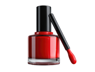 A close-up, studio shot displays a clear glass bottle filled with vibrant red polish. A brush rests beside the bottle