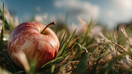 Red apple resting on grass in a sunny field for Newton Day  