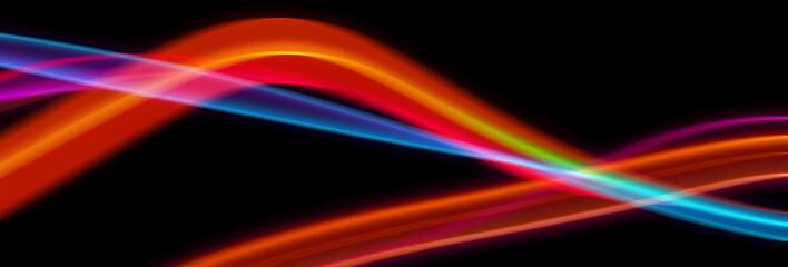A smooth and elegant abstract background with soft waves of orange and blue light on a dark background. A beautiful and modern light streak effect.