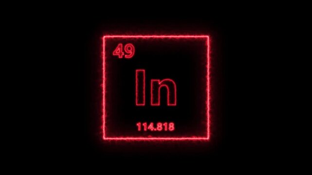 Indium - periodic table element symbol hologram, chemical element Periodic Table, atomic weight element number ,glowing on black background in 4K
