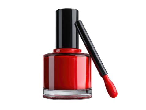 A close-up, studio shot displays a clear glass bottle filled with vibrant red polish. A brush rests beside the bottle
