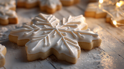 Close-up of festive snowflake cookie with white icing on wooden surface