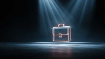 Glowing digital briefcase icon under dramatic lighting representing professional business tools