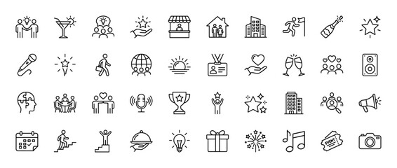 Celebration and event planning line icon set. Vector pictograms of trophies, calendars, gifts, and cameras, thin linear illustration.