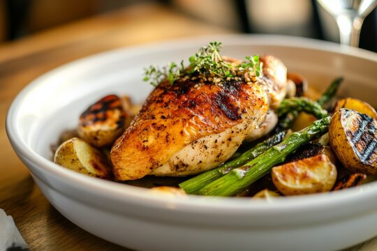 Roasted chicken with vegetables in white bowl on wooden table