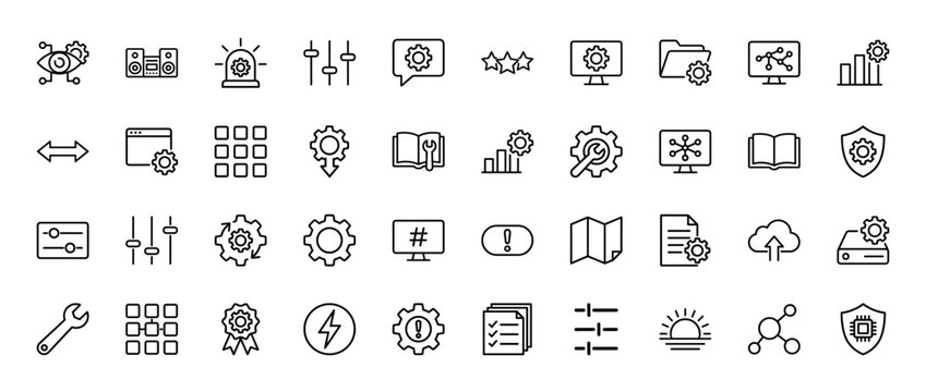 Technology and settings line icon set. vector pictograms of gear, monitor, security, folder, and controls, thin linear illustration.