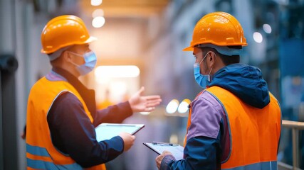 industrial engineers with tablets in their hands share their experience in designing digital plans for industrial enterprises - Powered by Adobe