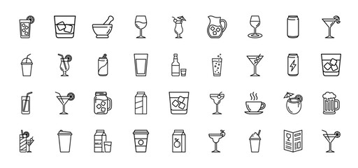 Fototapeta premium Beverage and drink icon set. Vector pictograms of cocktails, glasses, cans, and milk cartons, thin linear illustration.