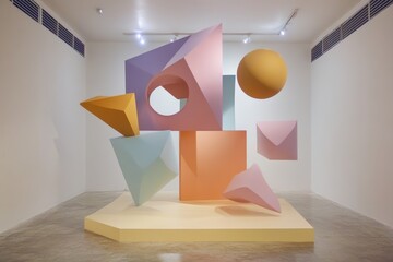 Abstract geometric art installation with vibrant pastel shapes in modern gallery