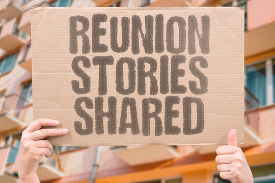 "Reunion Stories Shared" Veterans reconnect at gatherings and share memories. REUNION. GATHERINGS. FRIENDS. STORIES. SUPPORT.